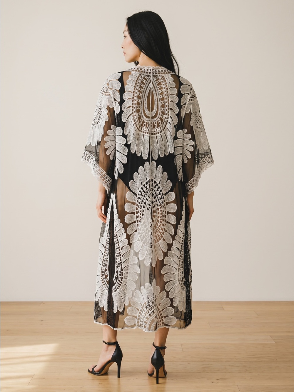 Black & White Embroidered Swim Cover-Up Kimono - Picture 6 of 9
